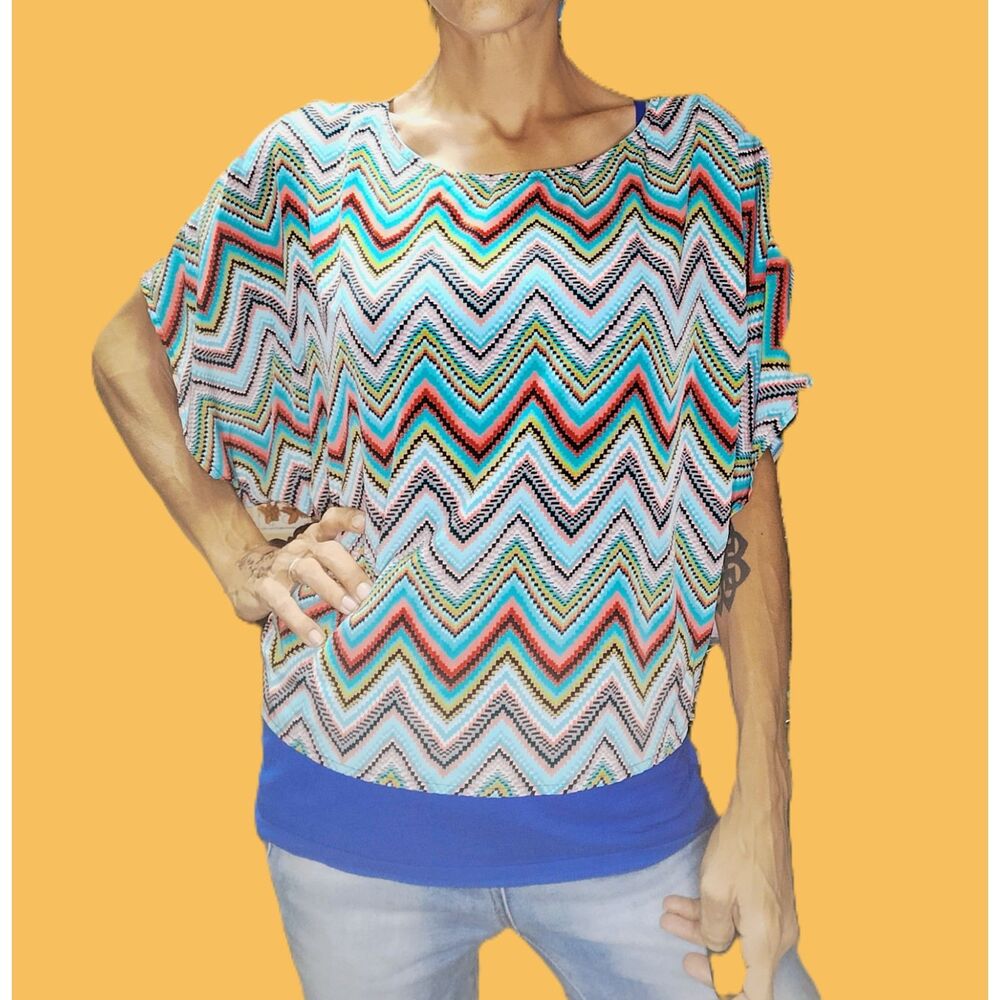 Alya Aztec Chevron Multicolor Crop Top  ~ Small ~ Teal & Coral Color Pop